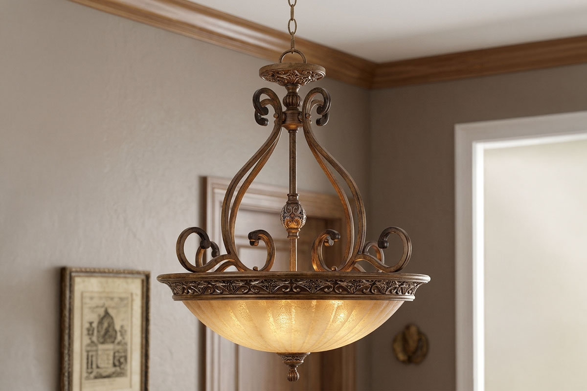 ゴールデンブロンズ仕上げとシャンパンガラスシェードがおしゃれなアンティーク調照明の設置例イメージ