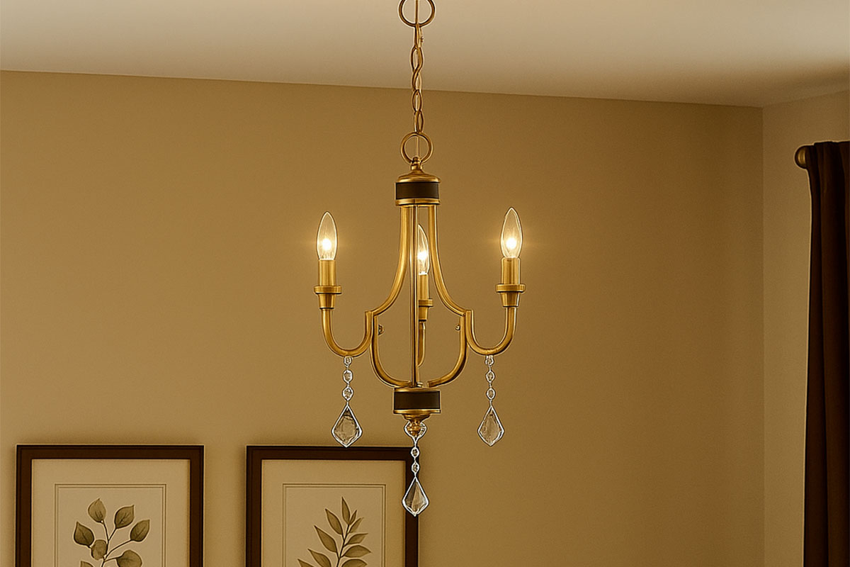 シンプルでエレガントなデザインの室内用ミニシャンデリアの設置例