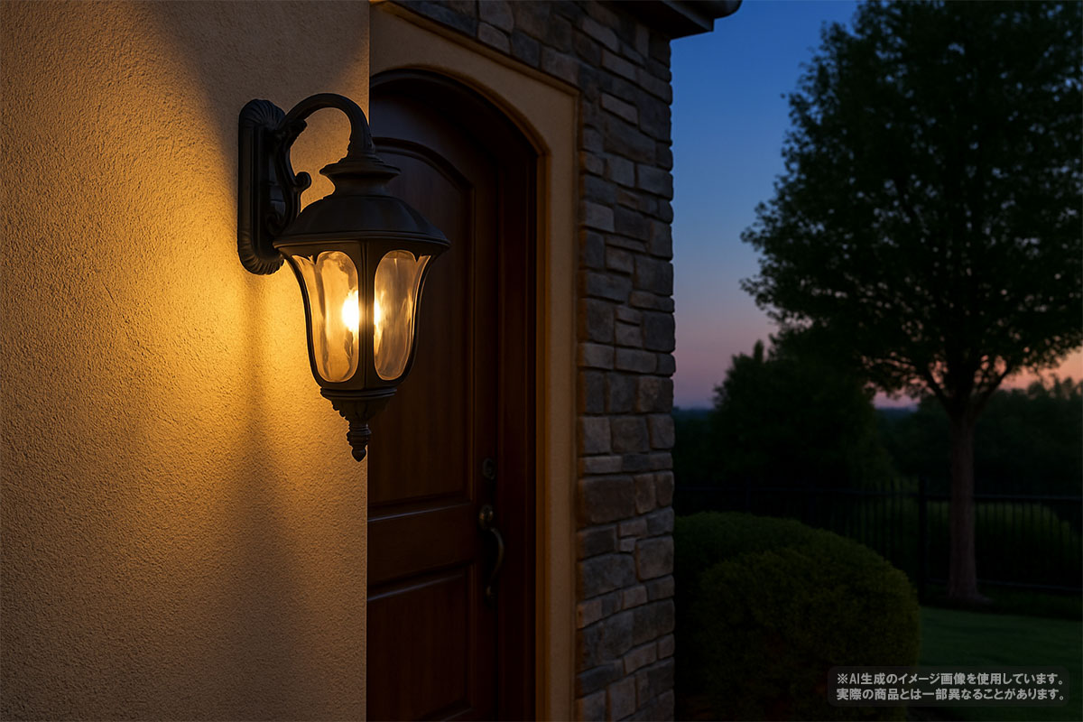テクスチャードブラック塗装のオックスフォード1灯壁付けブラケットライトを玄関ポーチに取り付けたイメージ