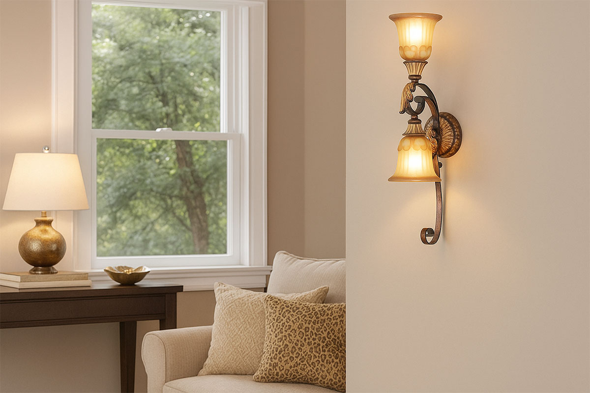クラシックなインテリアに映える LIVEX LIGHTING ヴィッラローマ2灯ブラケットライトの設置例｜上品なベローナブロンズのウォールライト