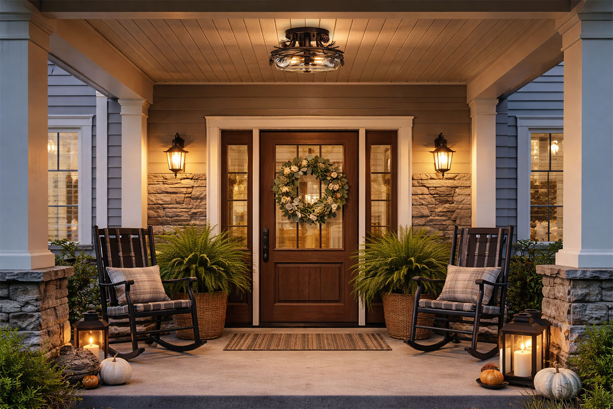 玄関ポーチを照らす松ぼっくりデザインのMinka Lavery屋外用シーリングライトの設置例イメージ