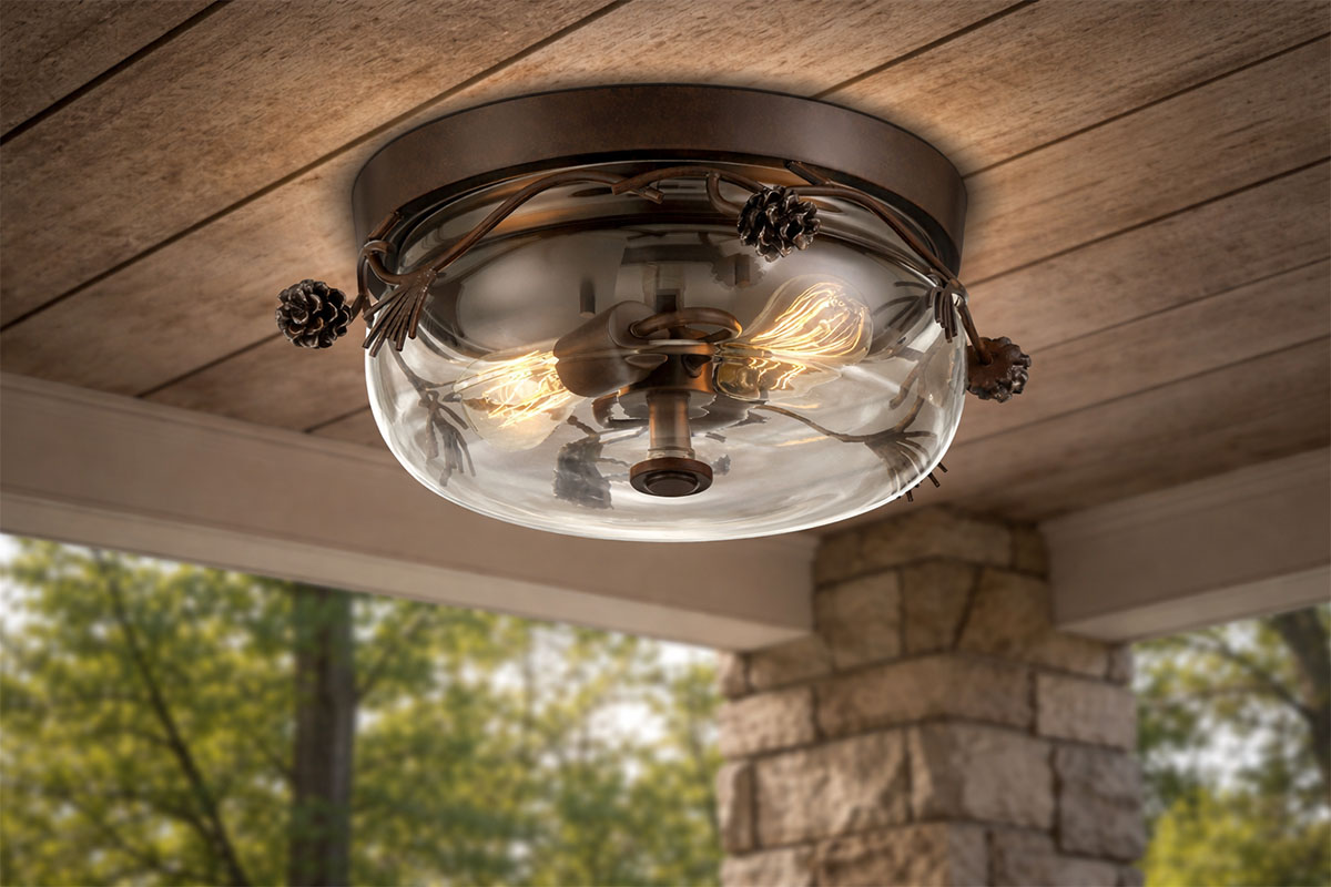 玄関ポーチを照らす松ぼっくりデザインのMinka Lavery屋外用シーリングライトの設置例イメージ