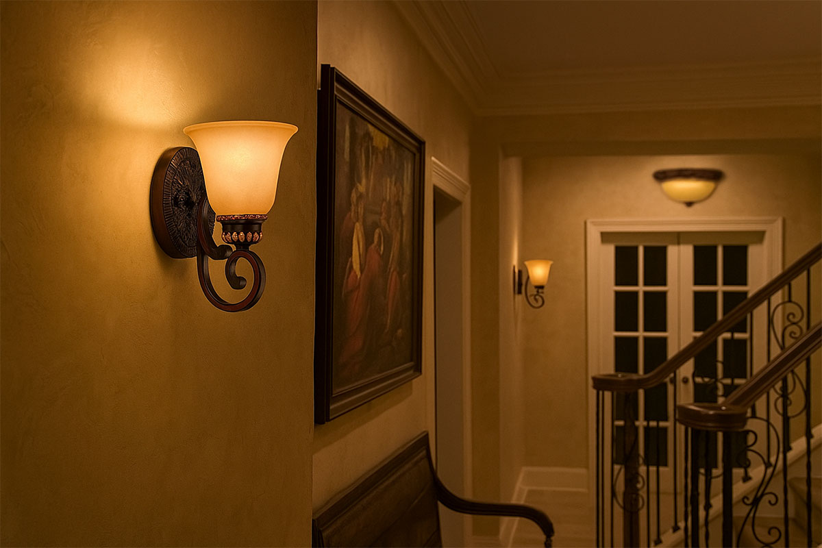 アンティークデザインのエレガントな壁付けウォールライトの設置例写真