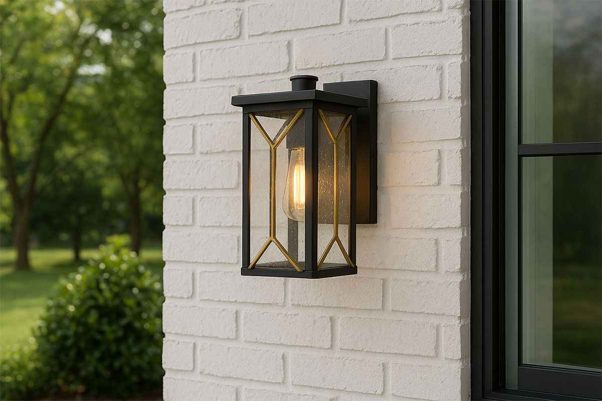 モダンデザインの屋外用壁付けブラケットライト・シーティッドガラス仕様の設置例イメージ