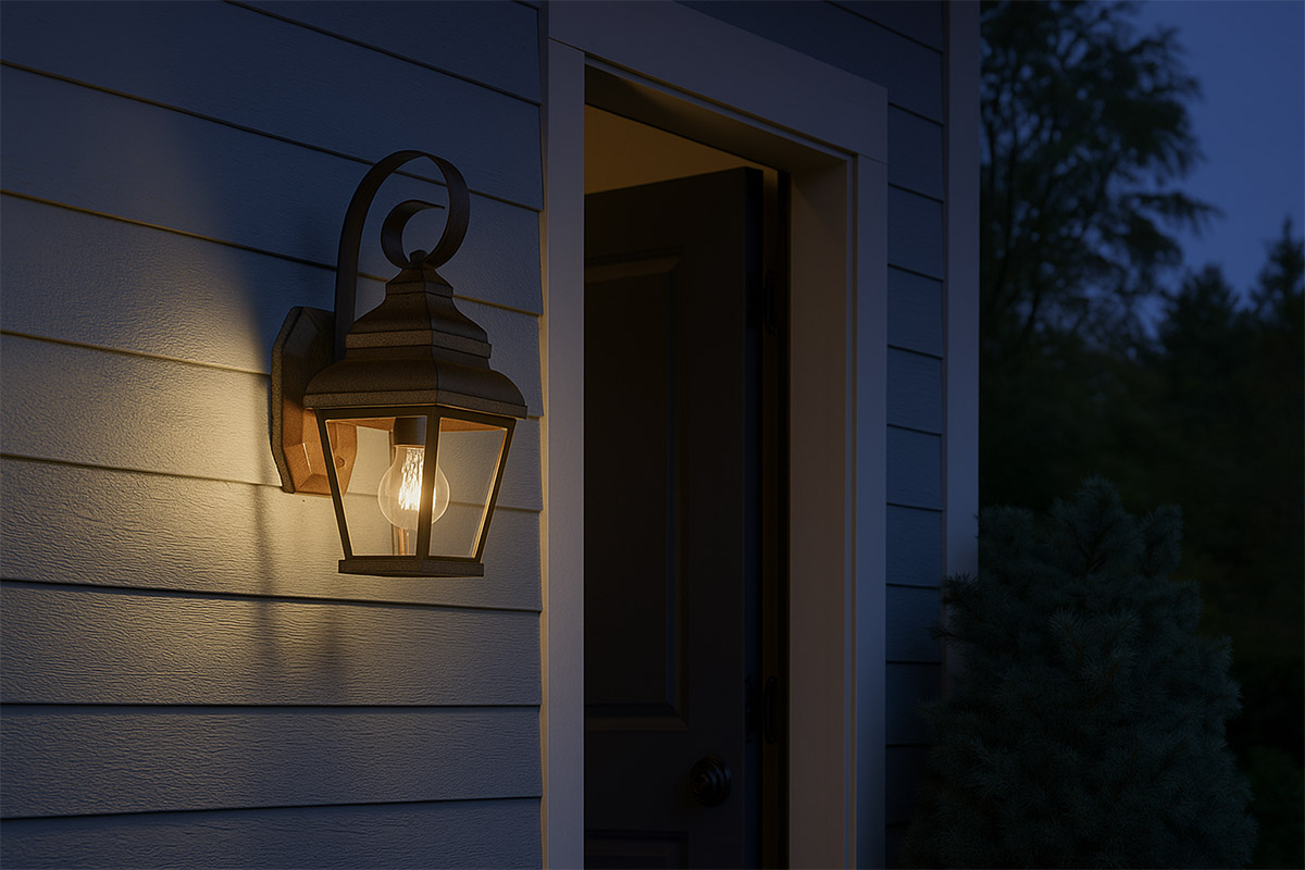 木材風の質感がぬくもりをプラスする屋外用ブラケット照明の設置例イメージ