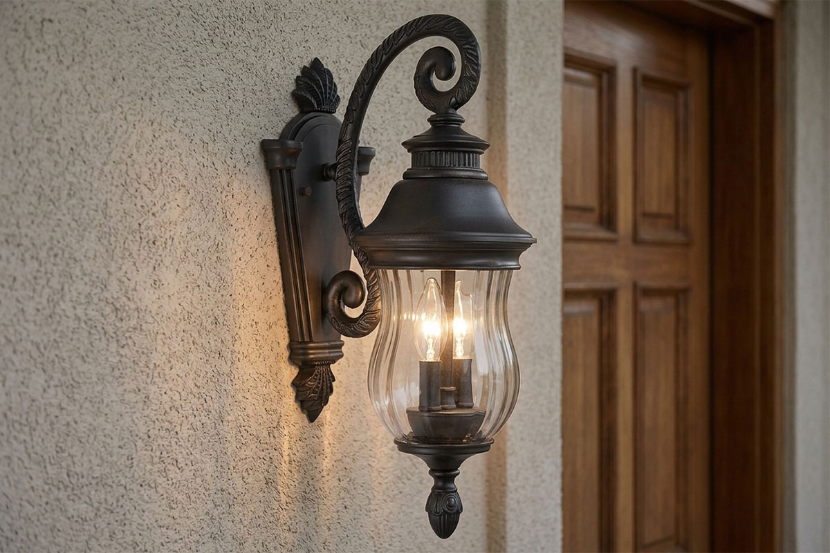 ポーチ・玄関に最適なおしゃれエクステリアライト施工例｜クラシック装飾が美しい壁付け照明