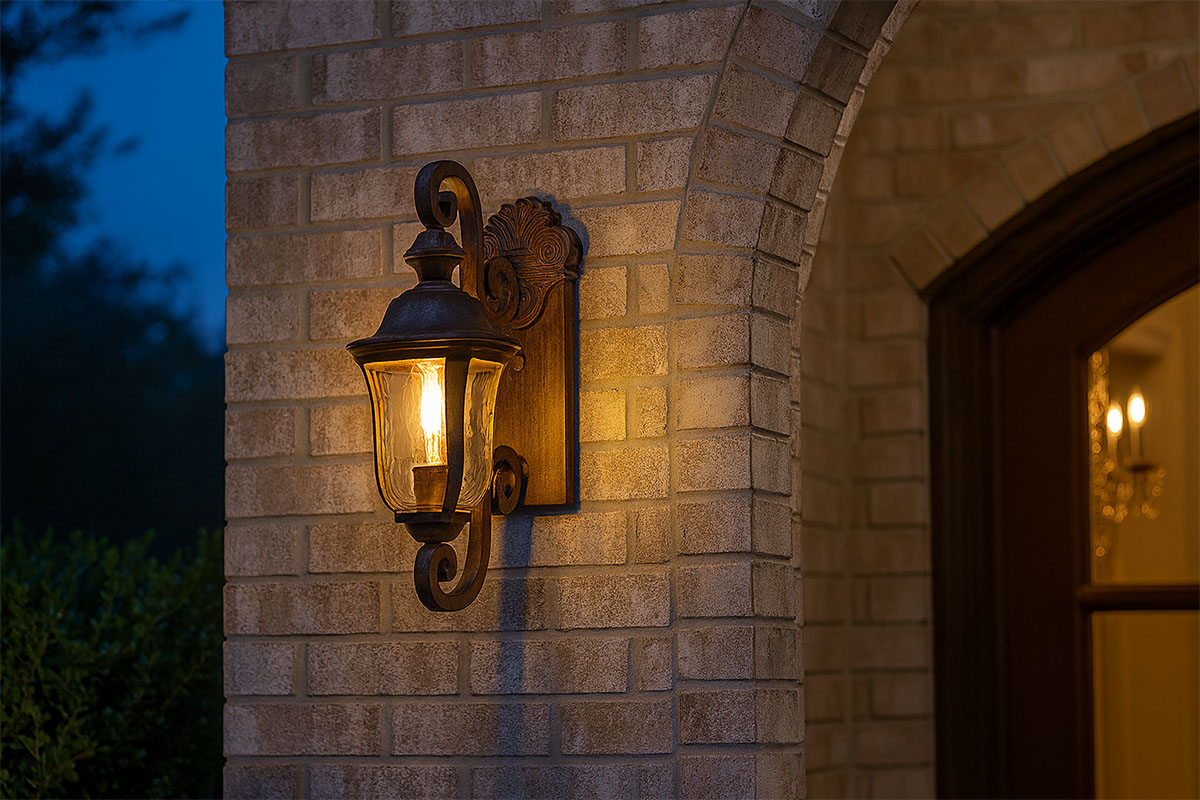 ヴィンテージラスト仕上げとハンマードガラスが特徴の屋外用壁付けライトの設置例イメージ