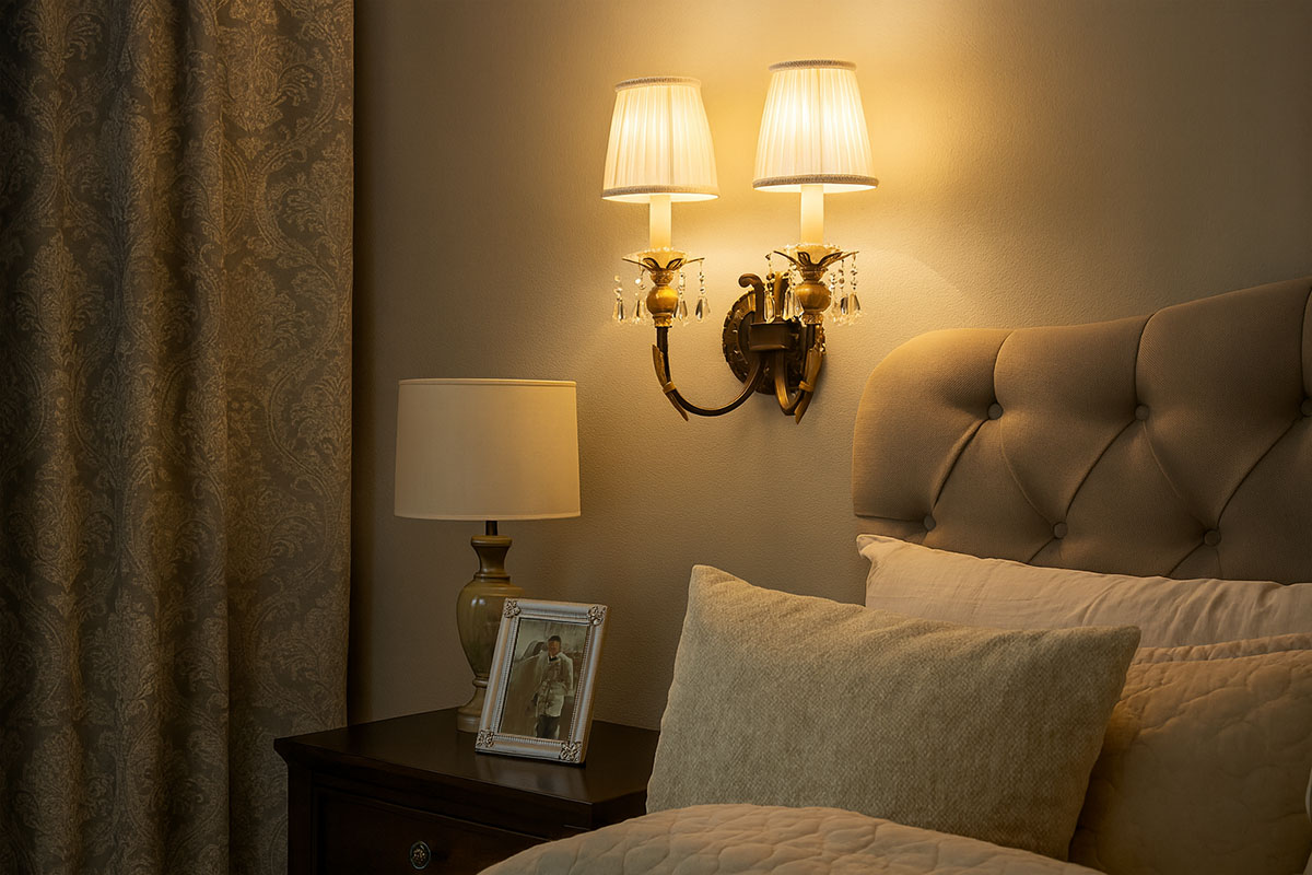 フレンチブロンズとゴールドリーフが美しい壁付けブラケット照明の設置例イメージ