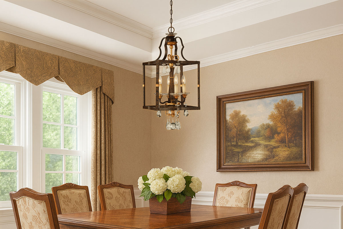 レイブンブロンズ＆ゴールド仕上げのクラシカルなキャンドル型吊下げ照明の設置例イメージ