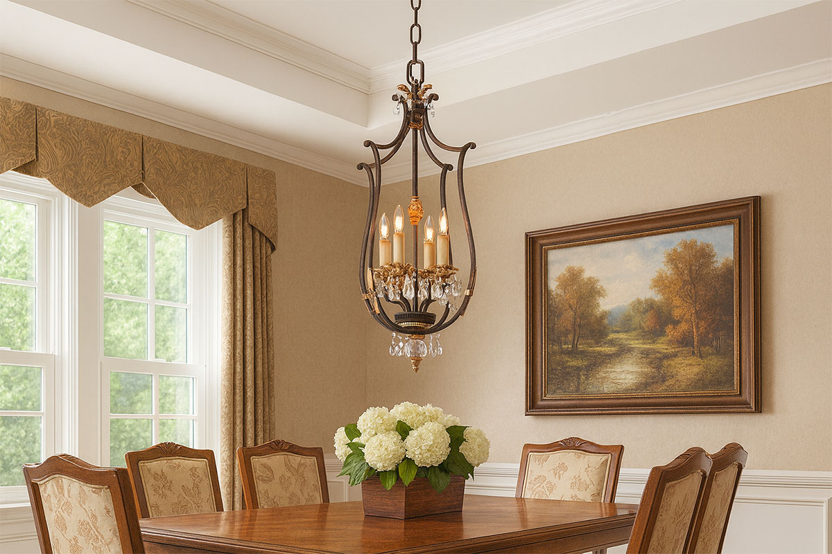 フレンチブロンズとゴールドリーフが美しいキャンドル型吊下げ照明の設置例イメージ