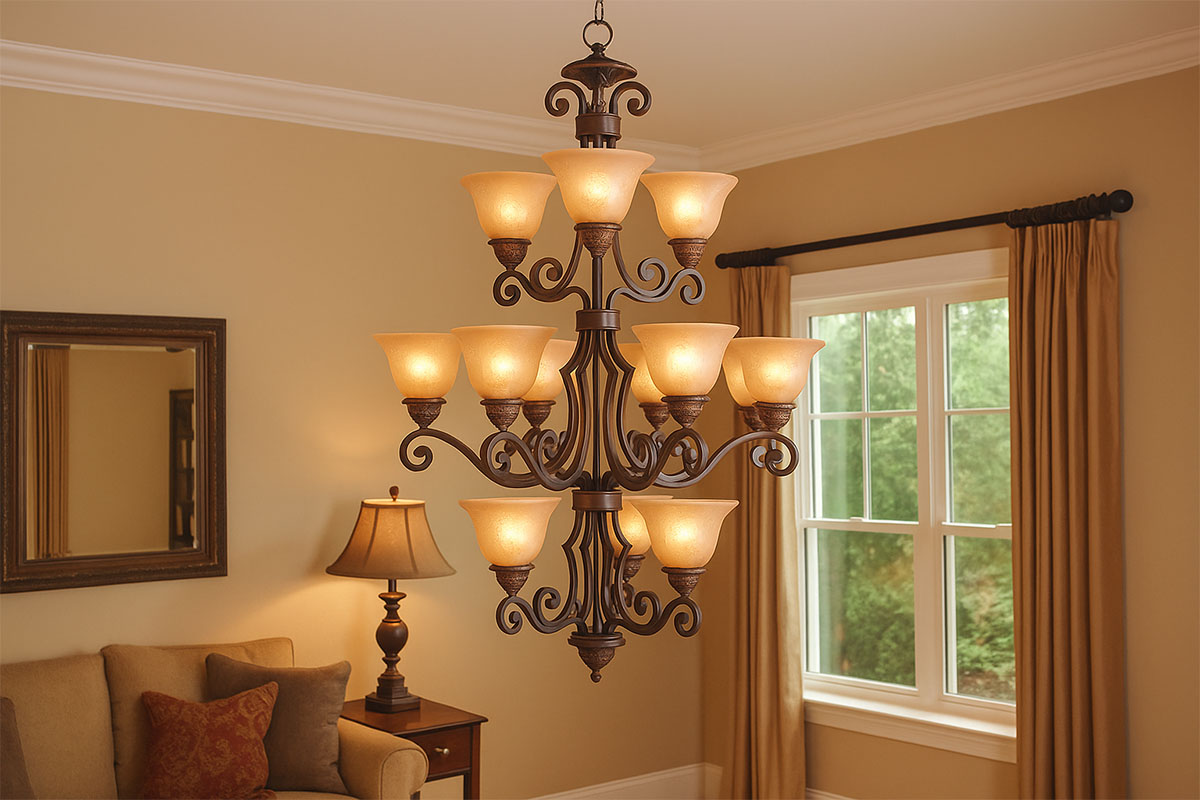 ヴィクトリアン調デザインで空間に華を添える12灯シャンデリアライトの室内設置例