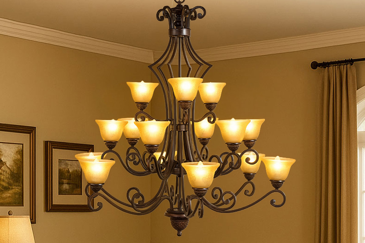 レトロな花模様ガラスシェードが美しいアンティーク調シャンデリアライト