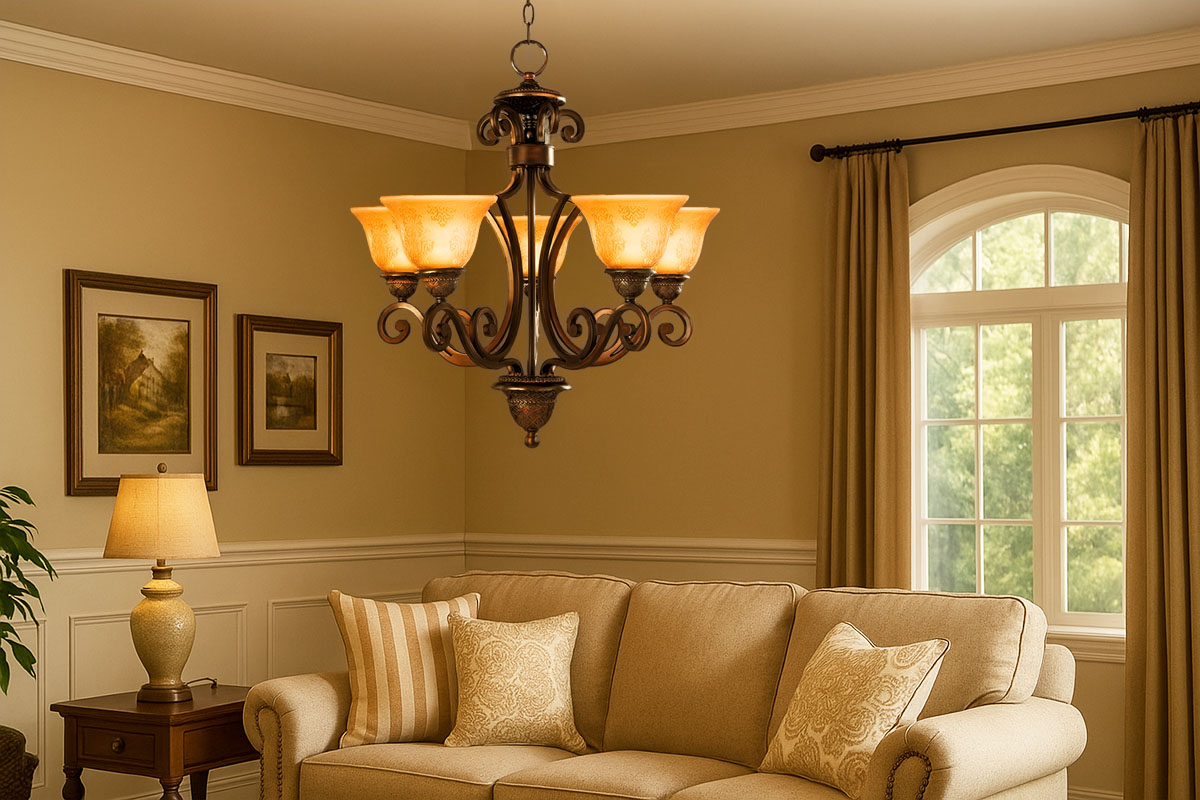 ヴィクトリアン調デザインで空間に華を添える5灯シャンデリアライトの室内設置例