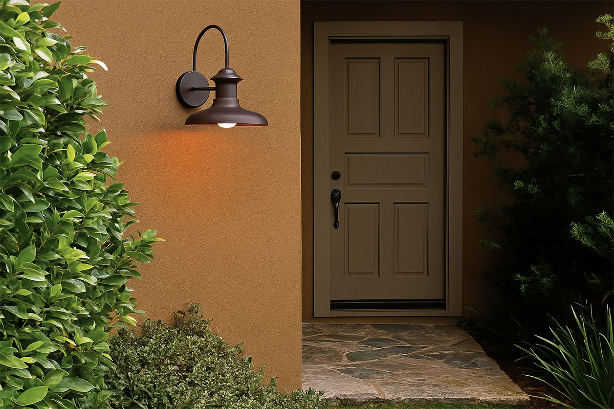 玄関アプローチを照らす、レトロでユニークな雰囲気が魅力のブラケット照明の設置例