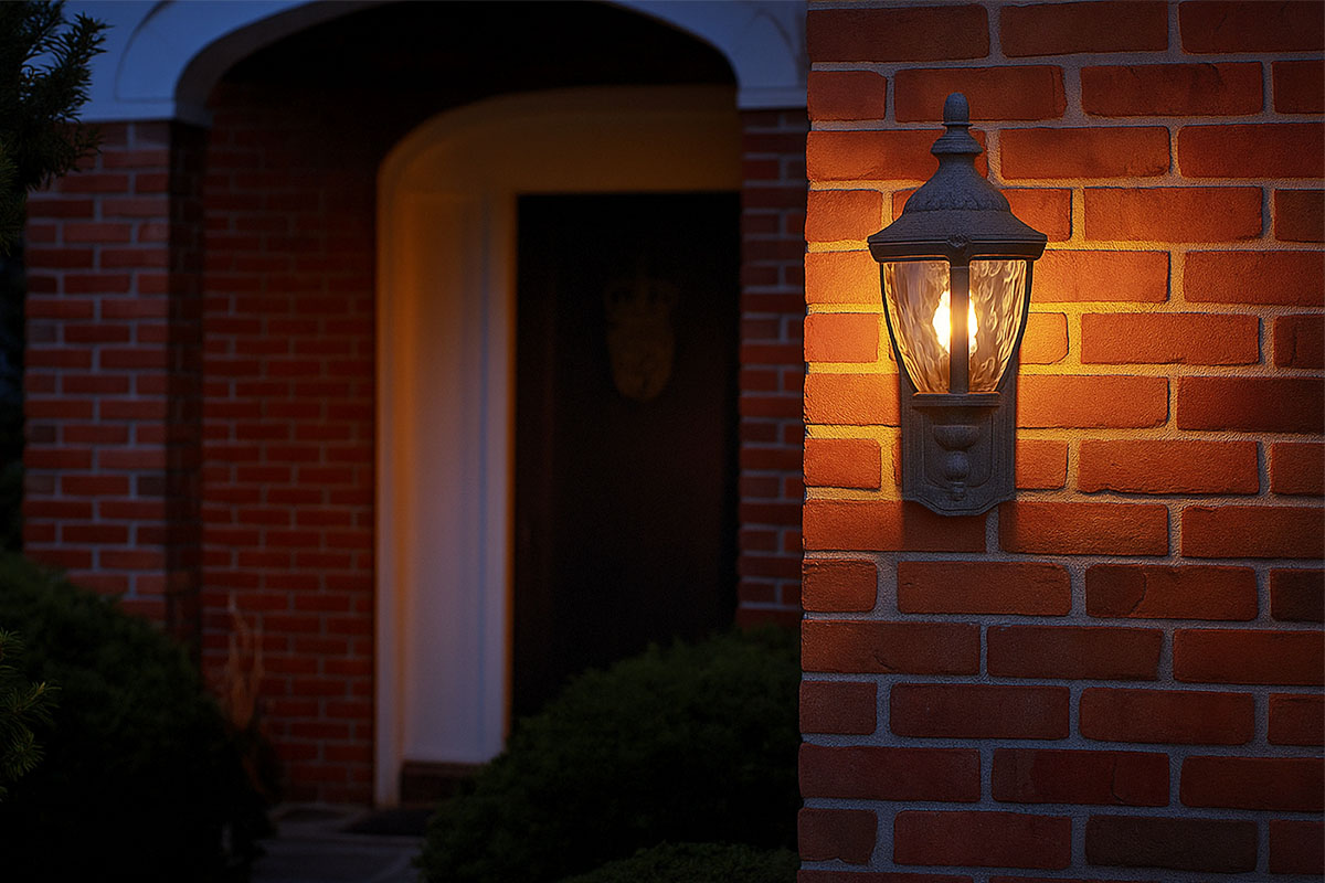 クラシカルな玄関を照らす Maxim Lighting モローベイ1灯アウトドアライトの設置例｜アンティーク風屋外ブラケット照明