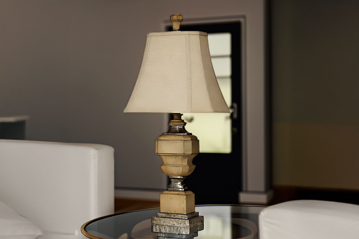 アンティークキャラメルの落ち着いた色合いと布製クロスシェードが調和するPossini社のフロレンティンテーブルランプ