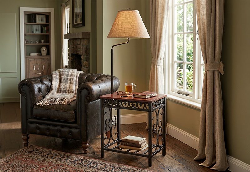 アンティークな風合いが魅力のサイドテーブル一体型テーブルランプ