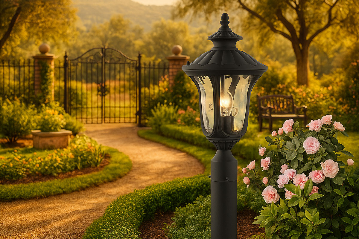 黒いアイアン製ランタンが白壁の前に吊るされた屋外照明