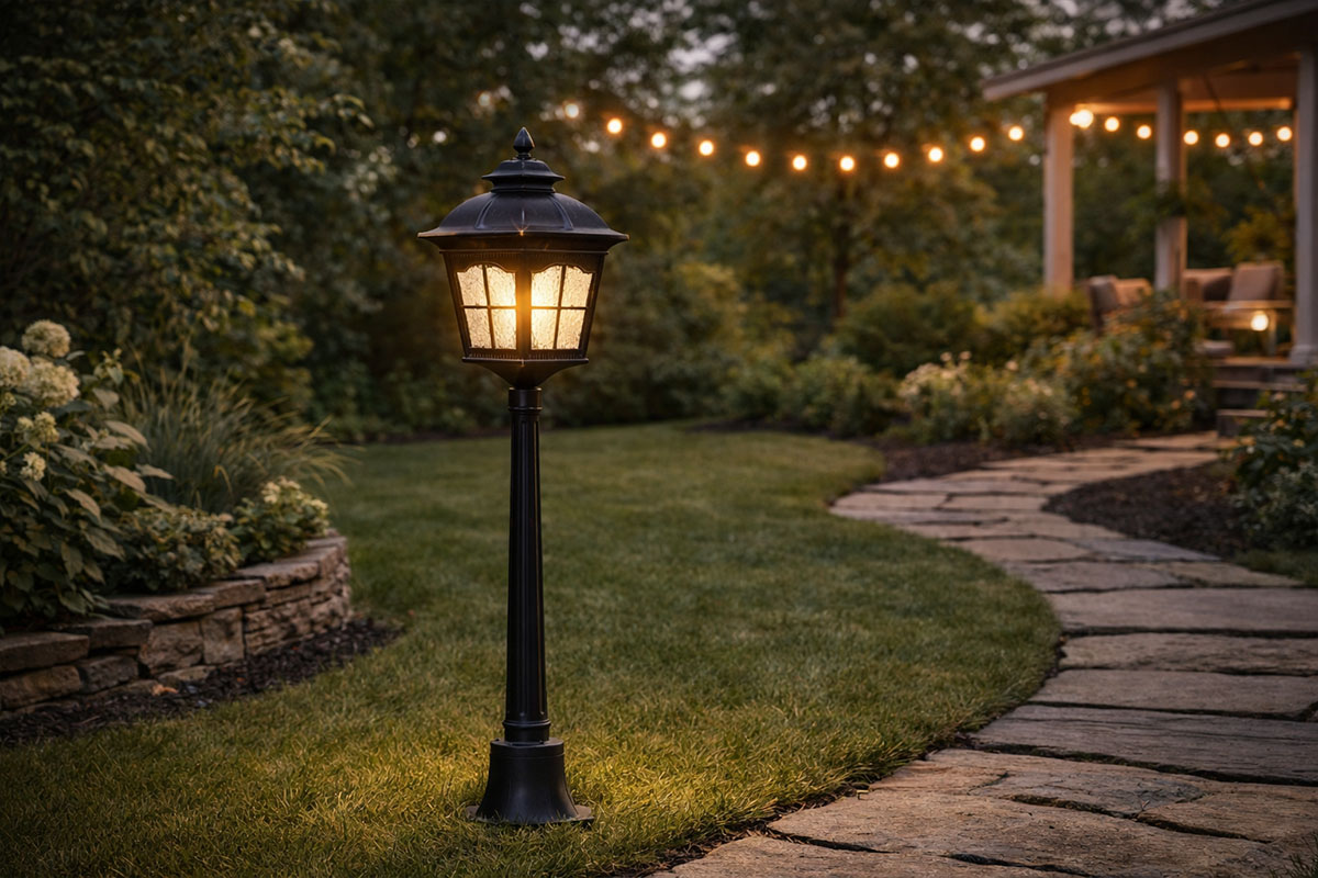 アンティークな雰囲気が漂う屋外用ポスト型照明の設置例イメージ