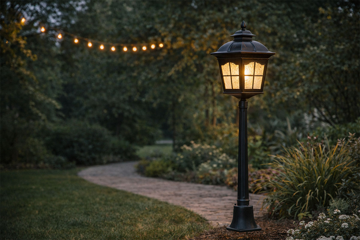 アンティークな雰囲気が漂う屋外用ポスト型照明の設置例イメージ