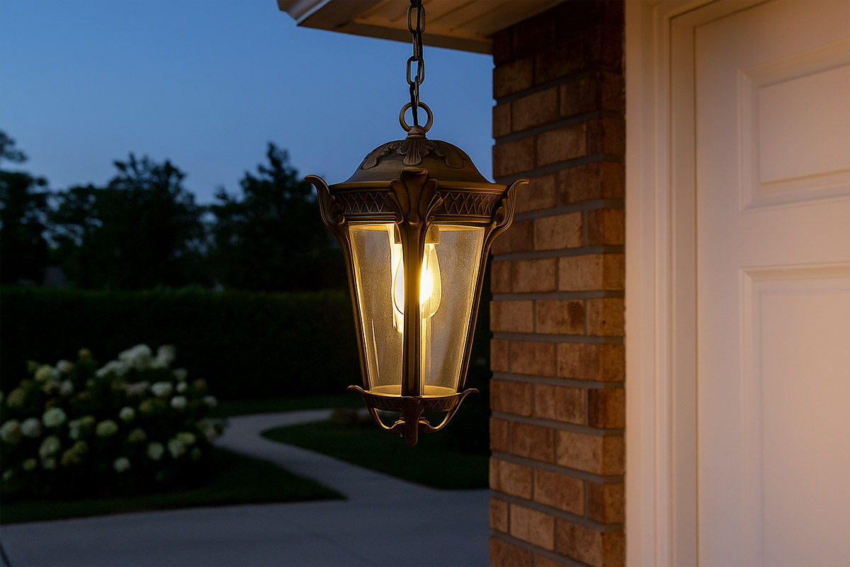 エクステリアに高級感を与える真鍮色の屋外用ペンダントライト。