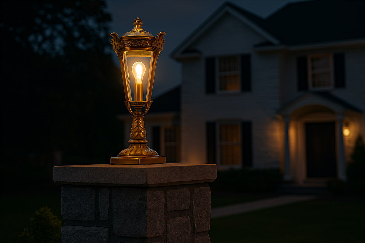 エクステリアに高級感を与える真鍮色の屋外用ポスト型ライト。