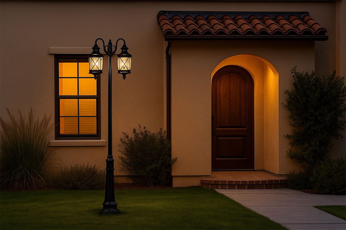 クラシックな街路灯が夜の庭園を照らす