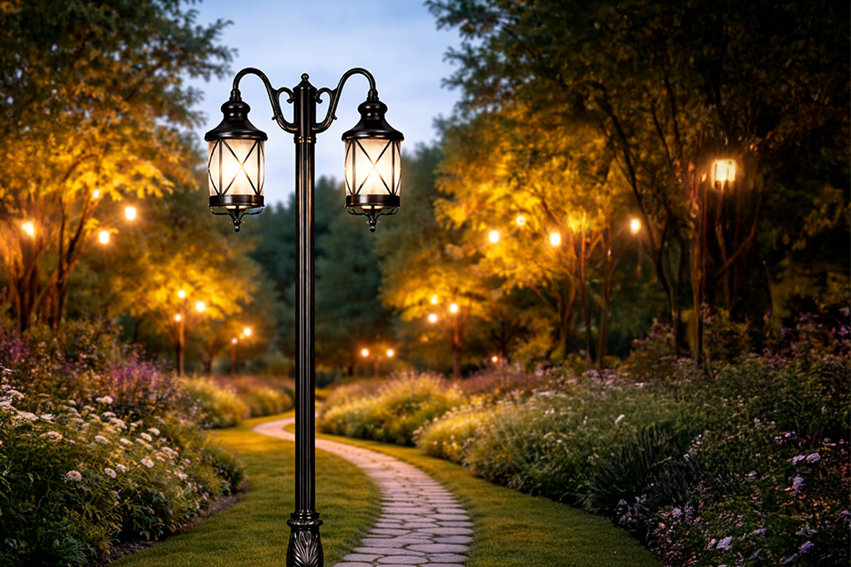クラシックな街路灯が夜の庭園を照らす