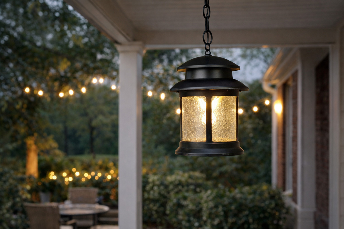屋外用吊り下げペンダントライトがエントランスを照らす設置例イメージ