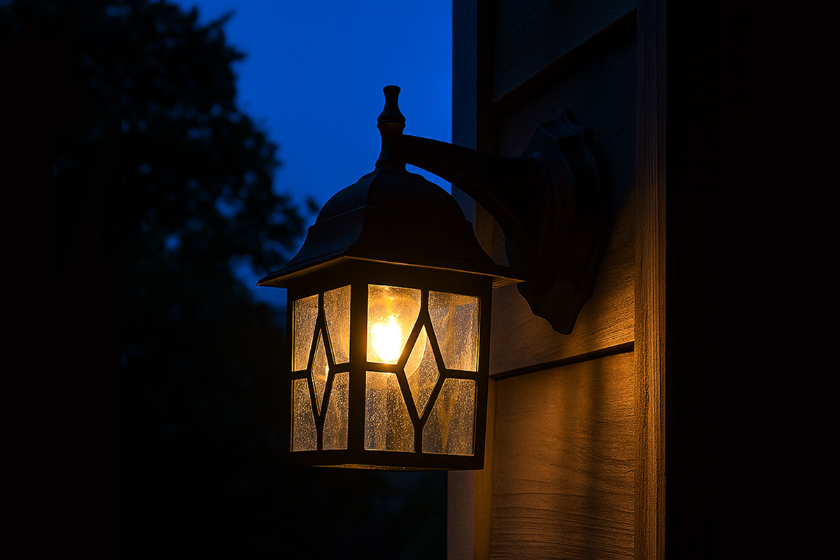 アンティークな雰囲気が漂う屋外用ブラケット照明の夜間設置例