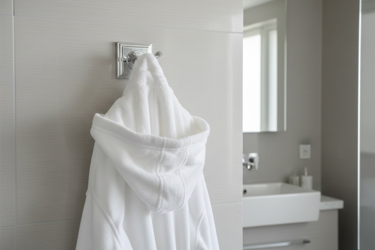 ポリッシュドクローム仕上げのバスローブフック＆タオル掛け