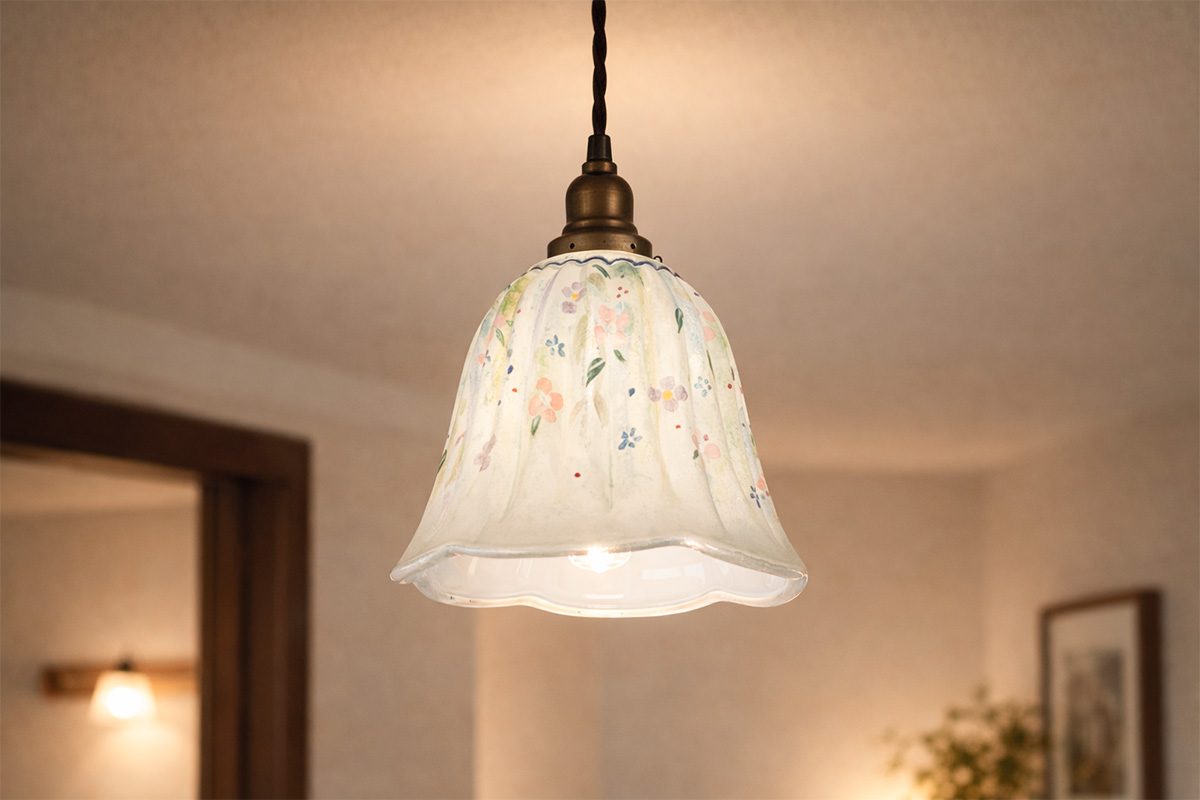 職人の手描きによる美しいハンドペイント模様が魅力のおしゃれなガラス製ランプシェードの設置例イメージ